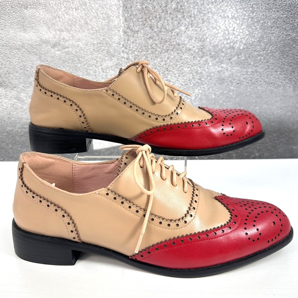 Leather Wingtip Oxford Brogues Oxford Shoes Two Tone Beige Red Size 7.5